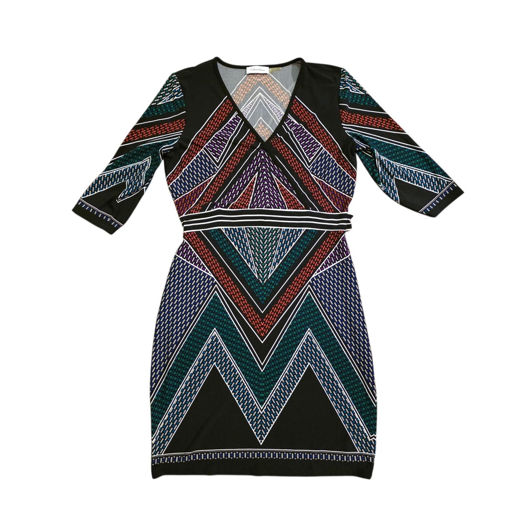 Calvin Klein Geometric Print‎ V Neck 3/4 Sleeve Faux Wrap Dress Women's Size M
